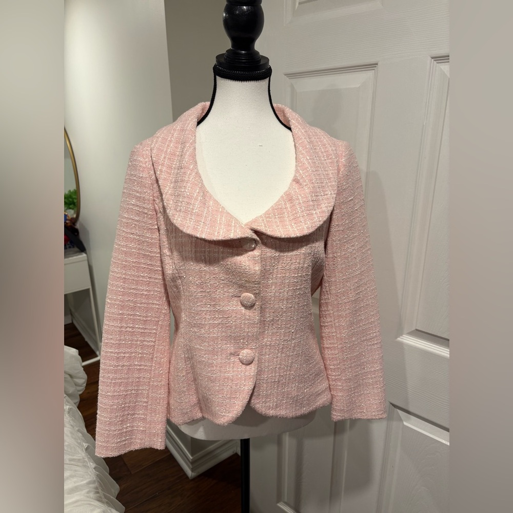 Pink Tartan Pink Tweed Jacket Size 10 Statement Collar Textured Blazer